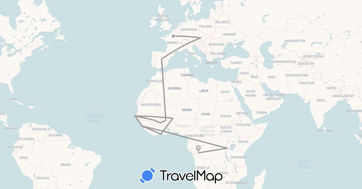 TravelMap itinerary: driving, plane in Austria, Burkina Faso, Democratic Republic of the Congo, Côte d'Ivoire, Spain, France, Guinea, Equatorial Guinea, Mali, Niger, Rwanda, Senegal (Africa, Europe)